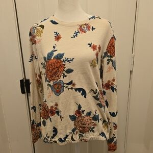 LOFT Cream and Blue Floral Long Sleeve Top 100% Cotton